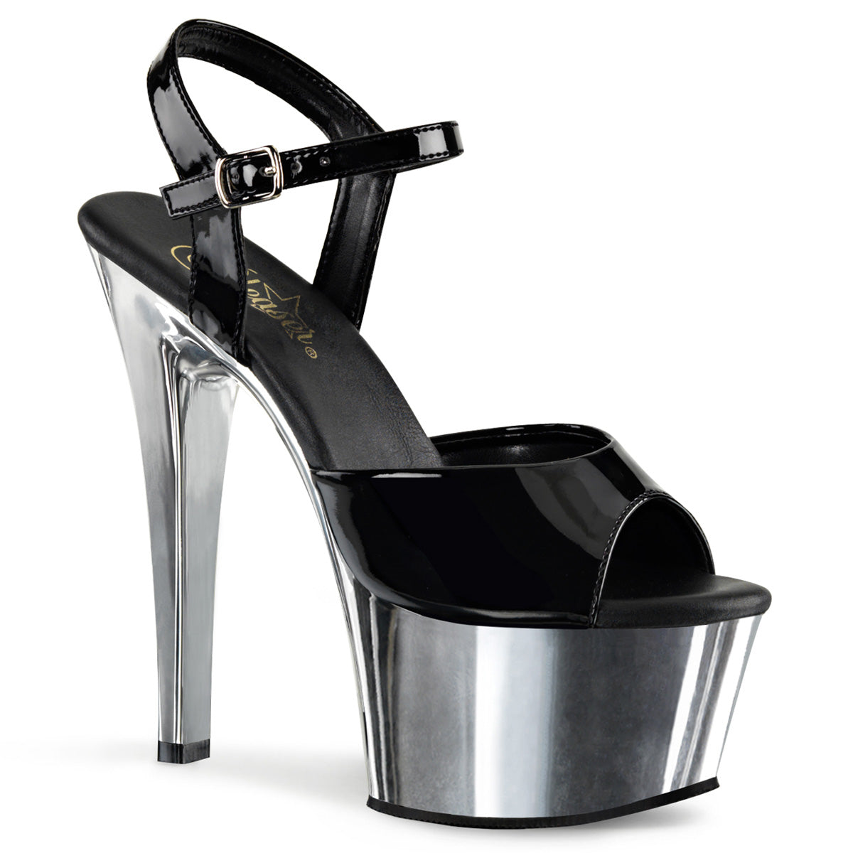 ASPIRE-609 Black Patent/Silver Chrome Platform Sandal Pleaser