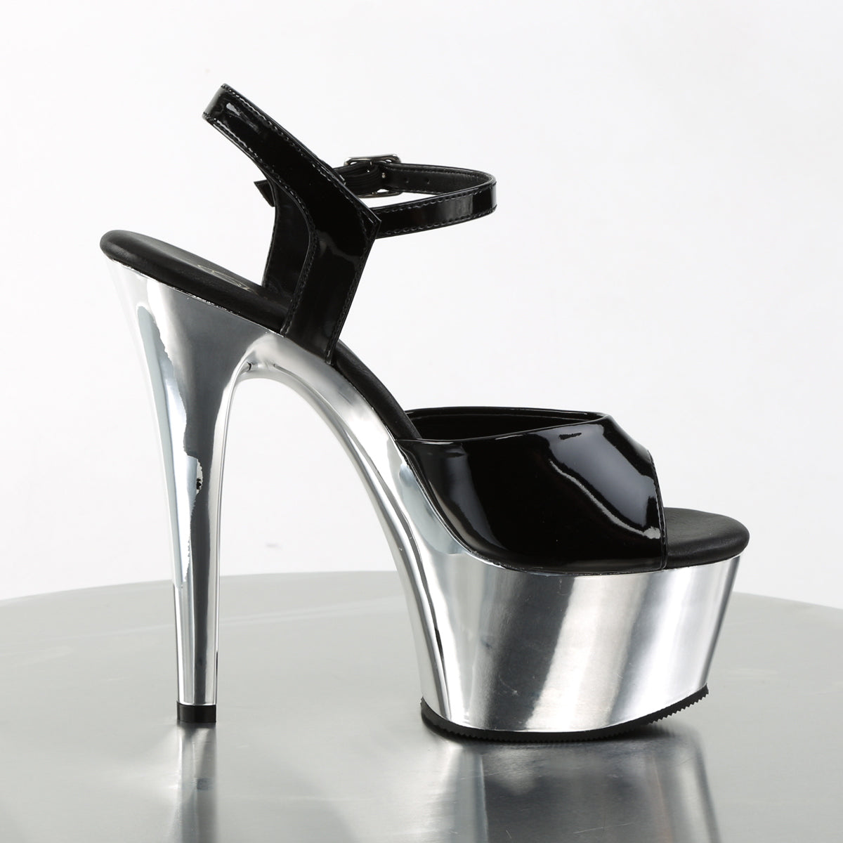 ASPIRE-609 Black Patent/Silver Chrome Platform Sandal Pleaser