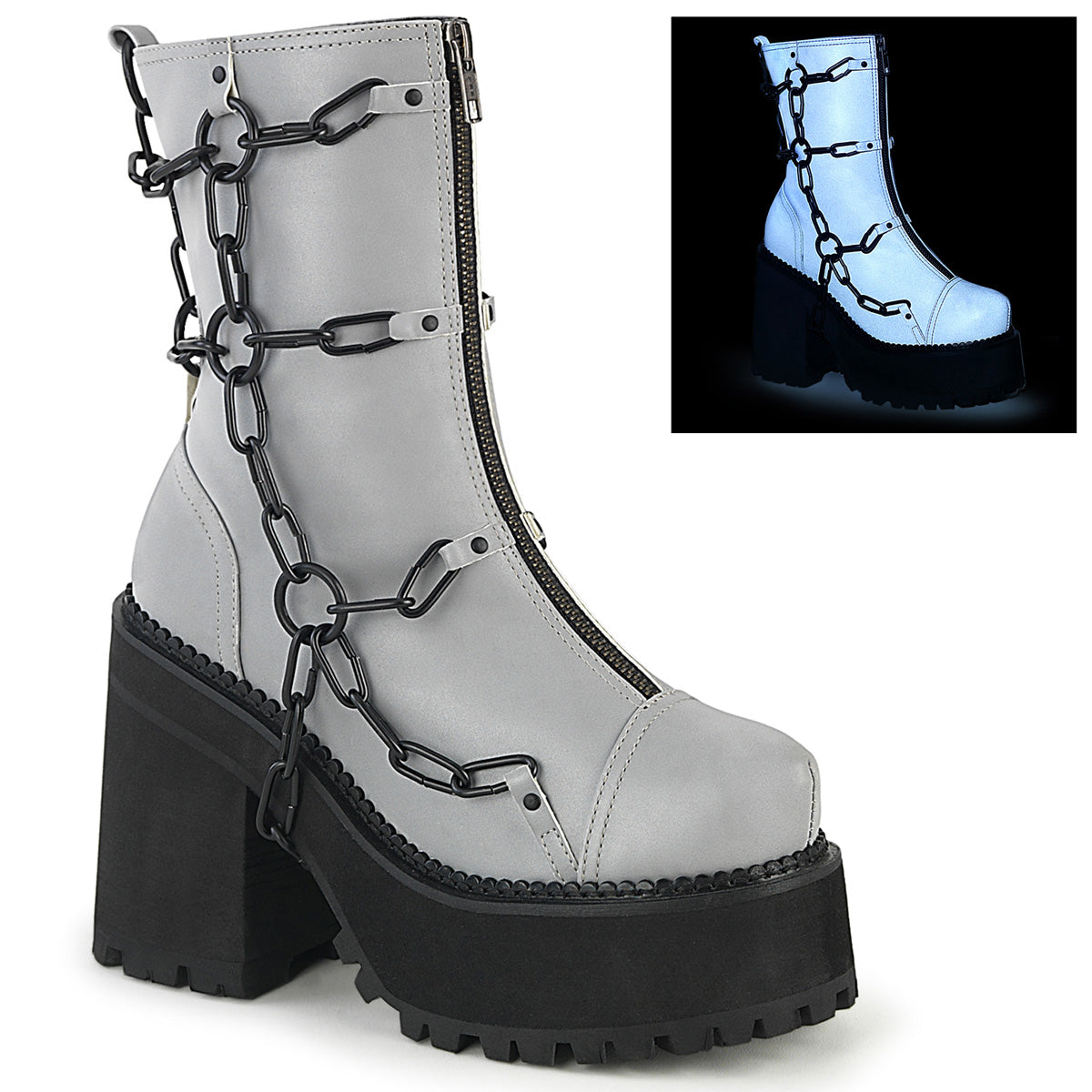 ASSAULT-66 Grey Reflective Vegan Leather Ankle Boot Demonia
