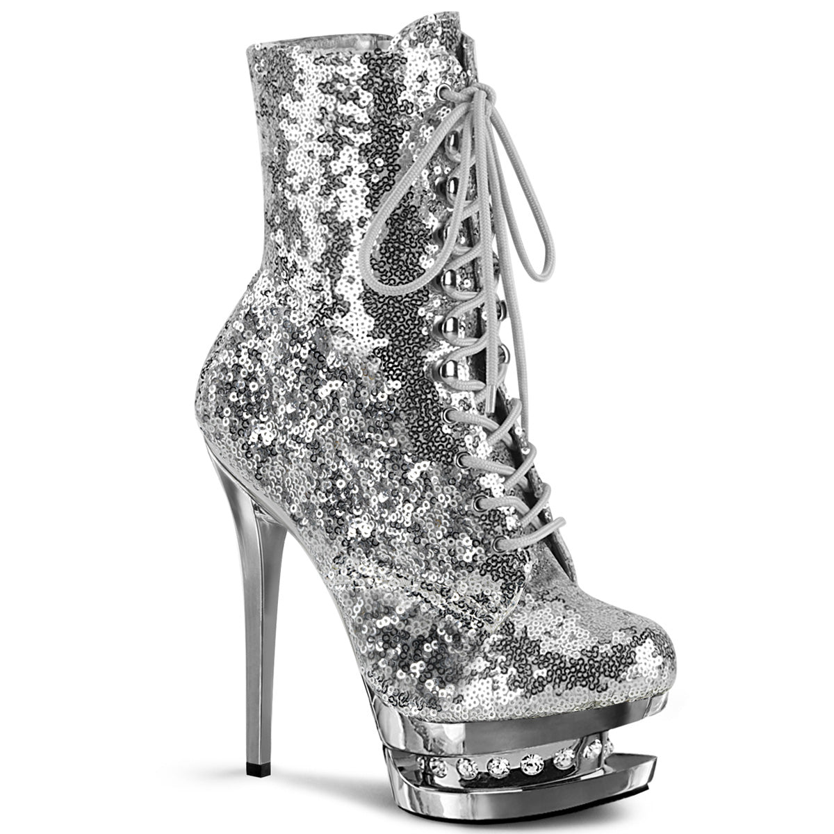 BLONDIE-R-1020 Silver Sequins/Silver Chrome Ankle Boot Pleaser