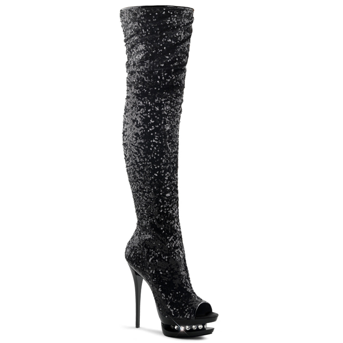 BLONDIE-R-3011 Black Sequins Thigh Boot Pleaser
