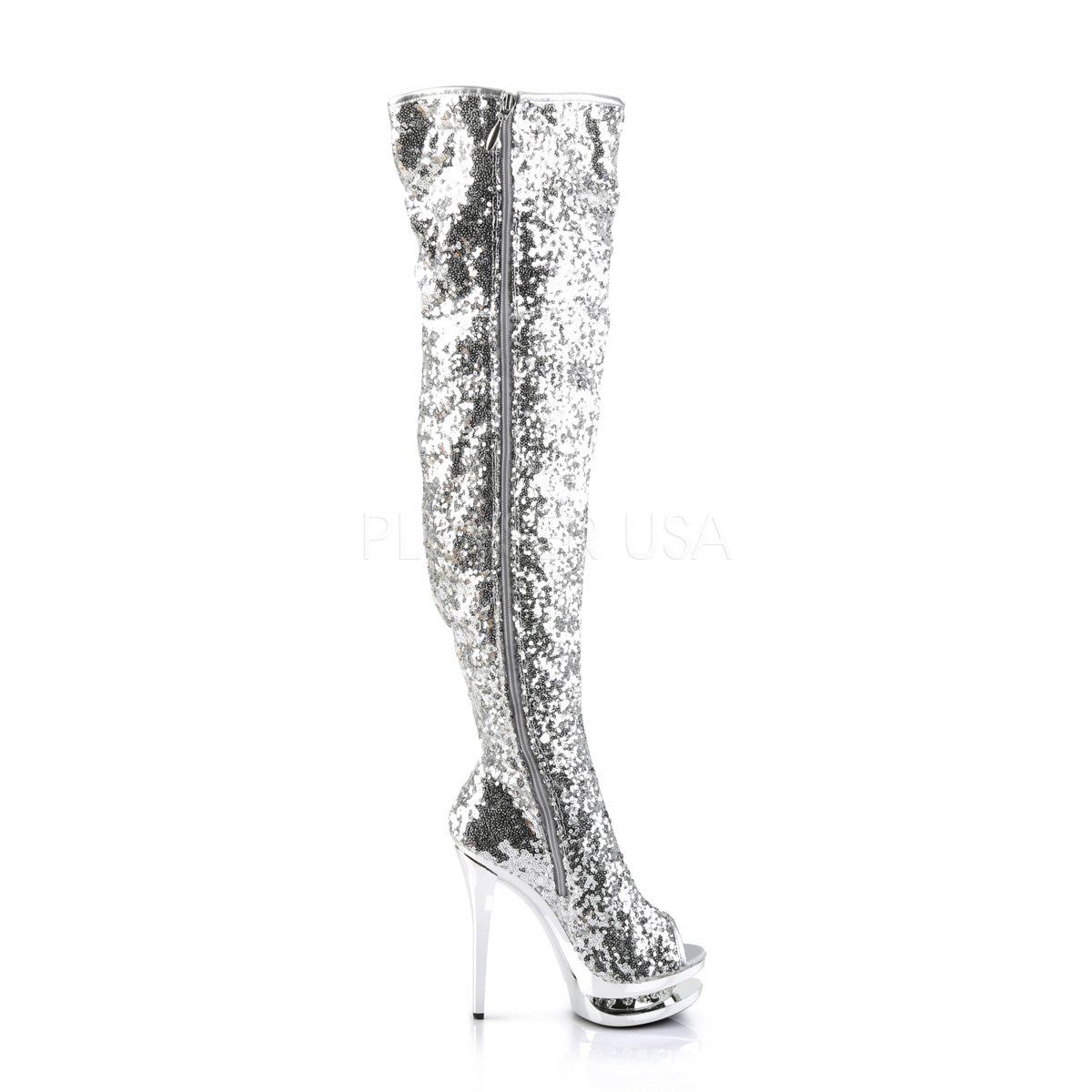 BLONDIE-R-3011 Silver Sequins Thigh Boot Pleaser
