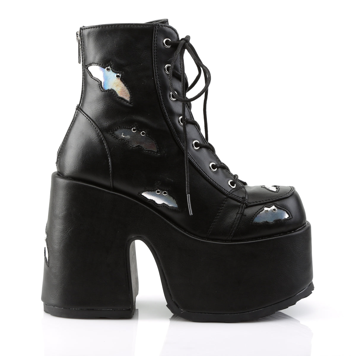 CAMEL-201 Black-Silver Hologram Vegan Ankle Boot Demonia