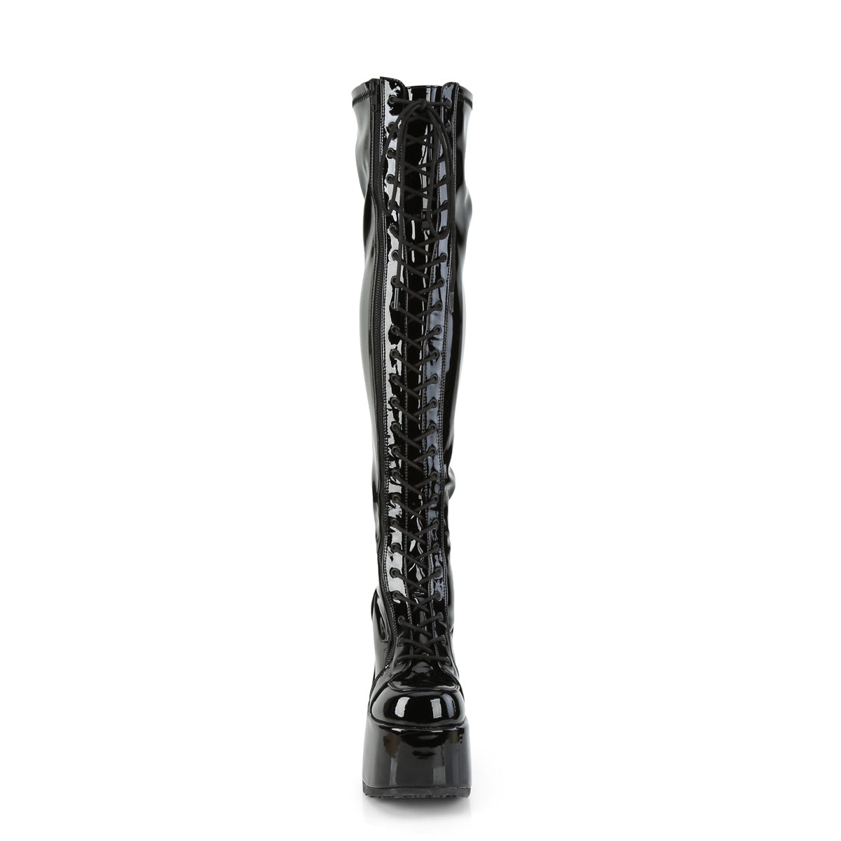 CAMEL-300 Black Stretch Patent Thigh Boot Demonia