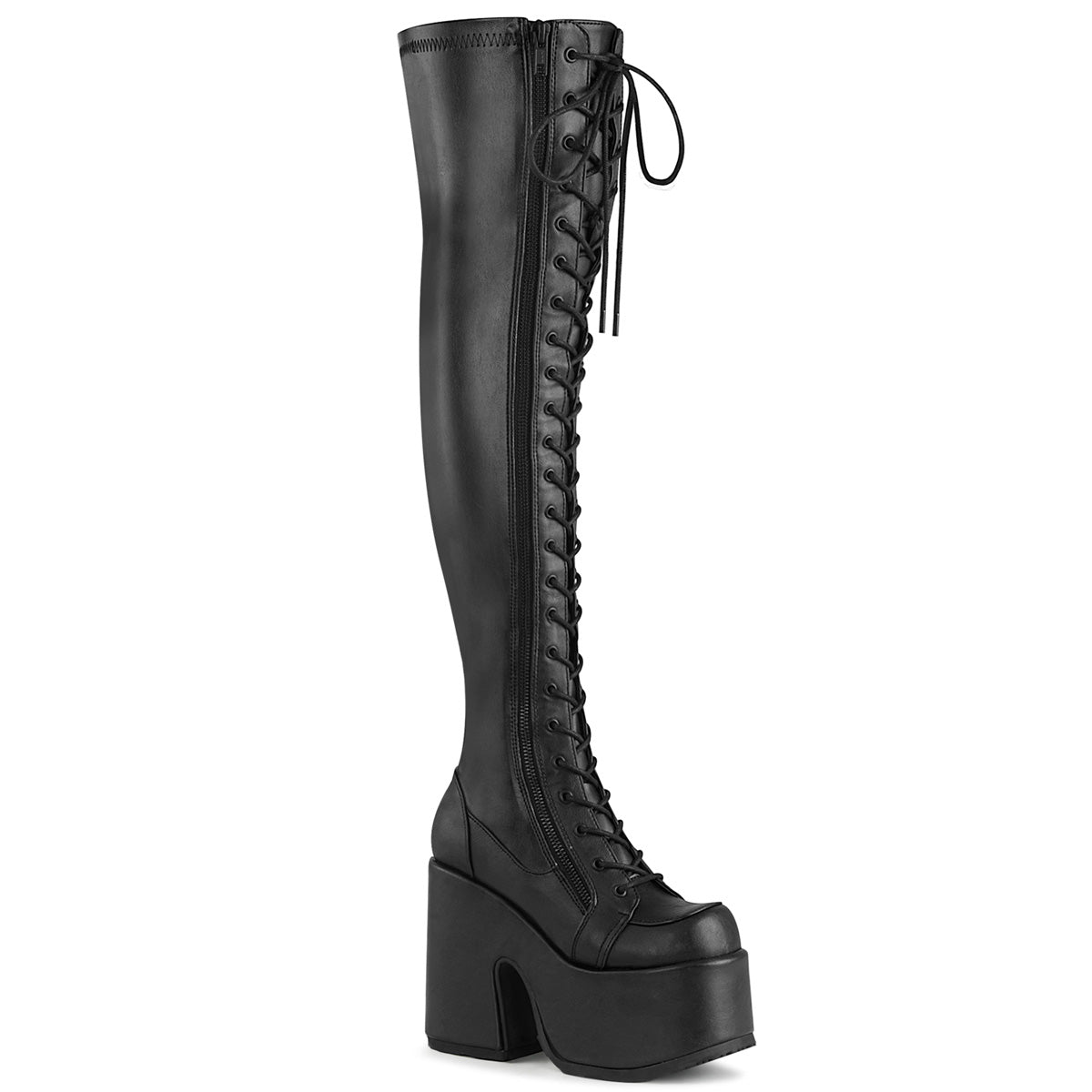 CAMEL-300 Black Stretch Vegan Leather Thigh Boot Demonia