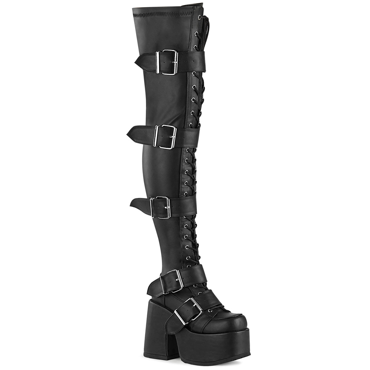 CAMEL-305 Black Stretch Vegan Leather Thigh Boot Demonia