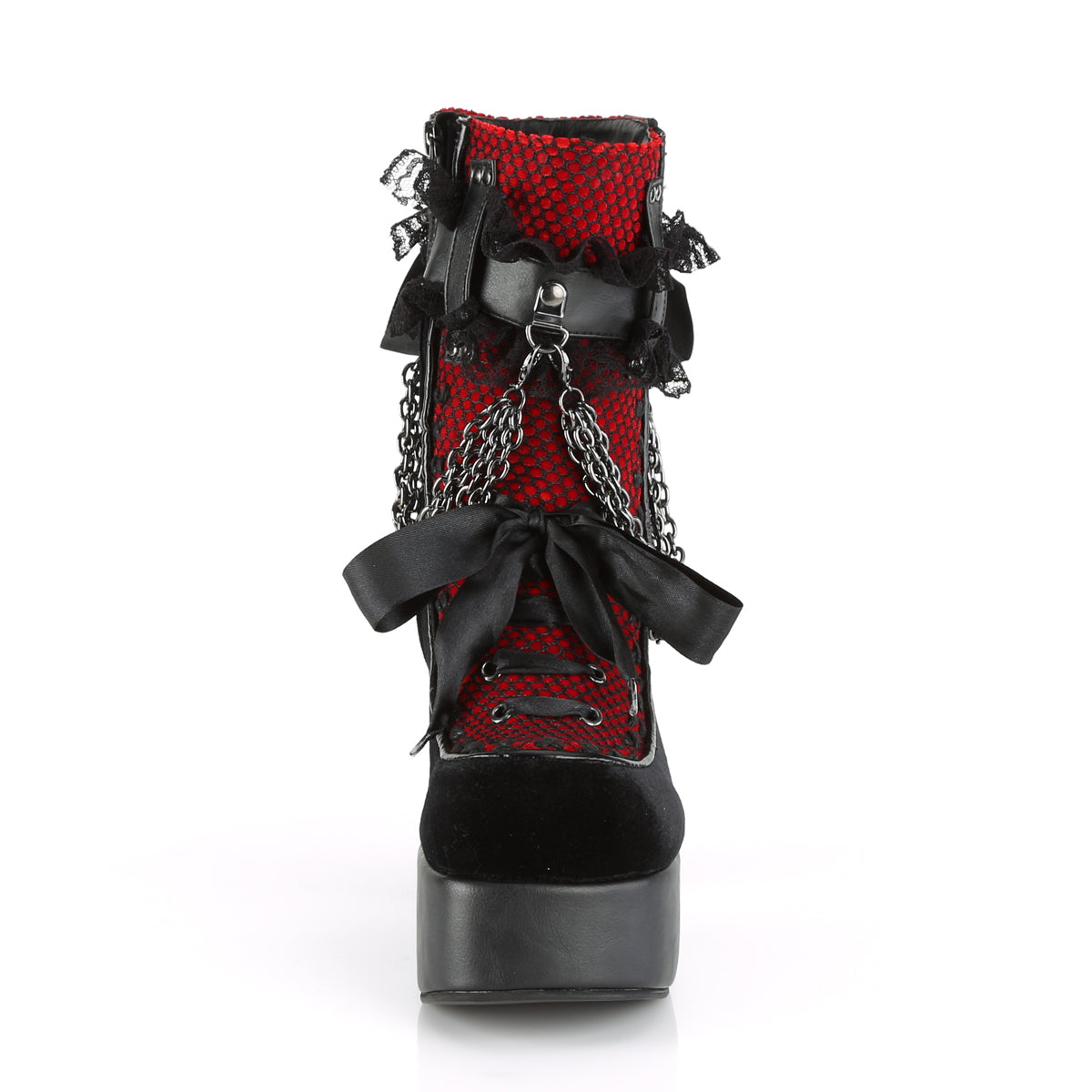 CHARADE-110 Black Vegan Leather-Red-Black Velvet-Fishnet Overlay Ankle Boot Demonia