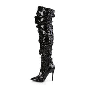 COURTLY-3011 Black Sequins Thigh Boot Pleaser US Size (Women's): 6