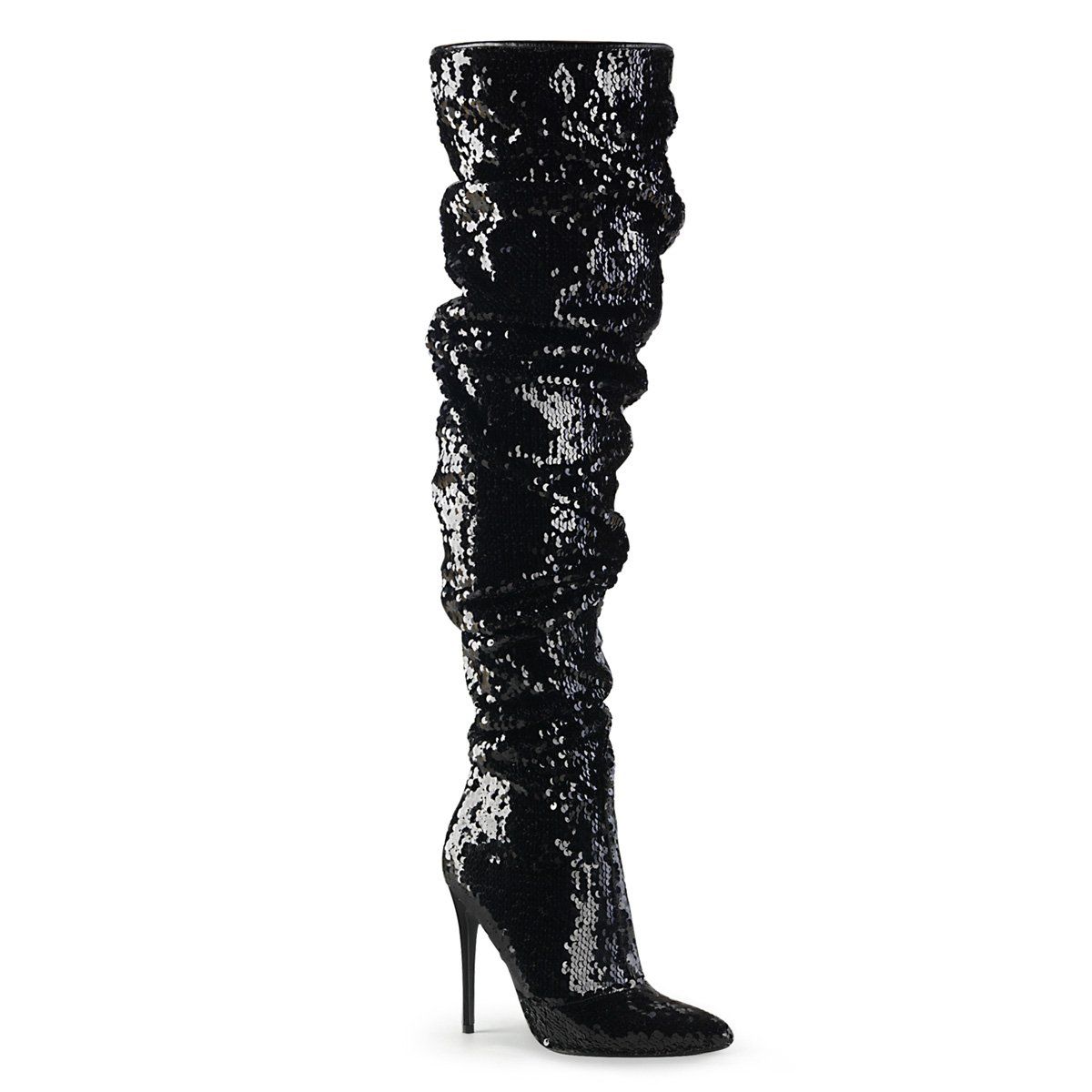 COURTLY-3011 Black Sequins Thigh Boot Pleaser