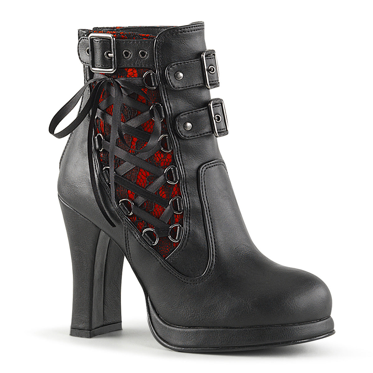 CRYPTO-51 Black-Red Lace Vegan Leather Ankle Boot Demonia