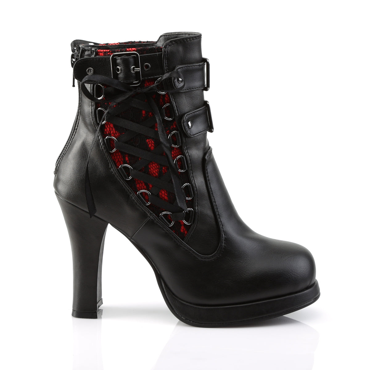 CRYPTO-51 Black-Red Lace Vegan Leather Ankle Boot Demonia