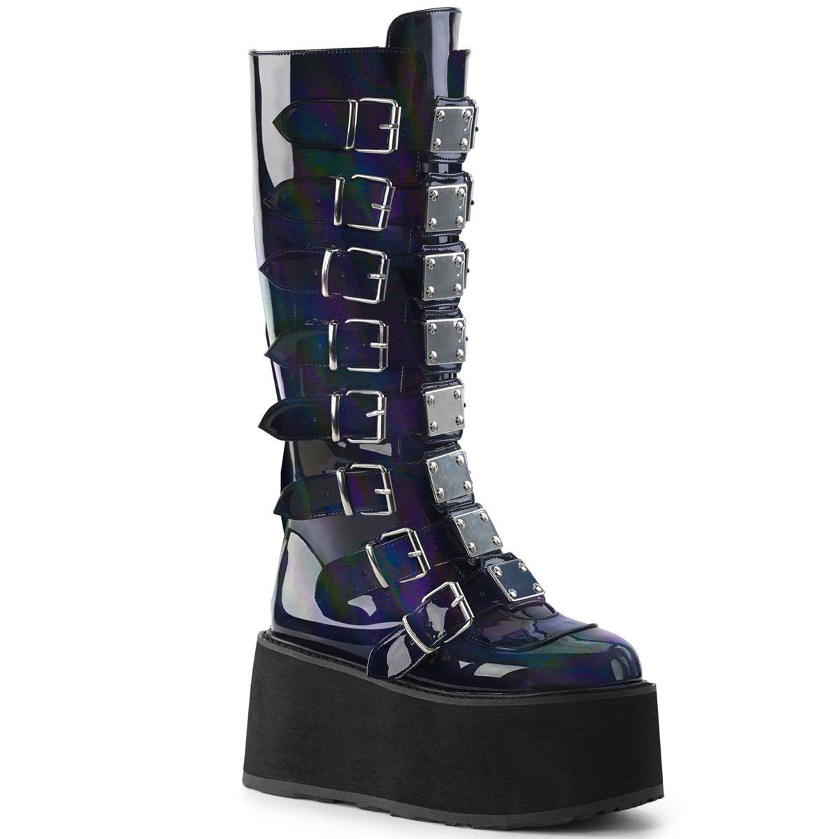 DAMNED-318 Black Hologram Vegan Leather Thigh Boot Demonia