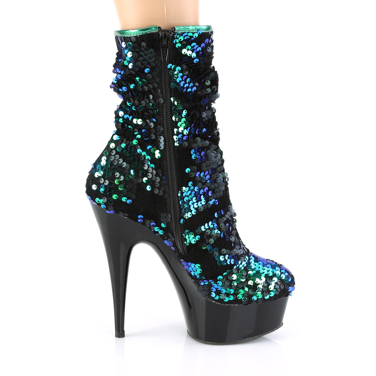 DELIGHT-1004 Green Iridescent Sequins/Black Ankle Boot Pleaser