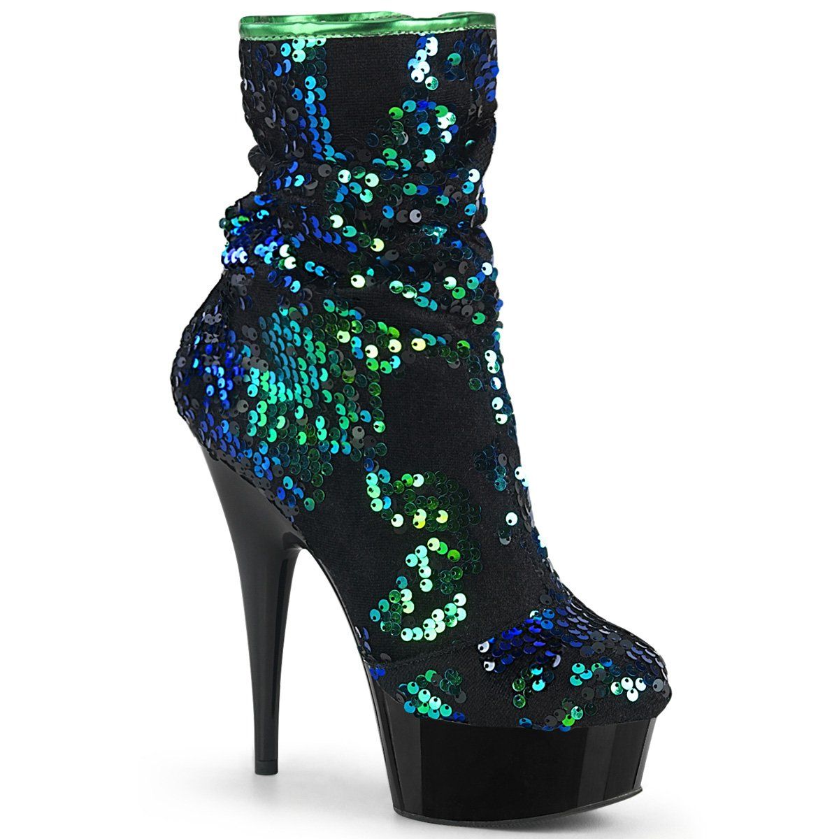 DELIGHT-1004 Green Iridescent Sequins/Black Ankle Boot Pleaser