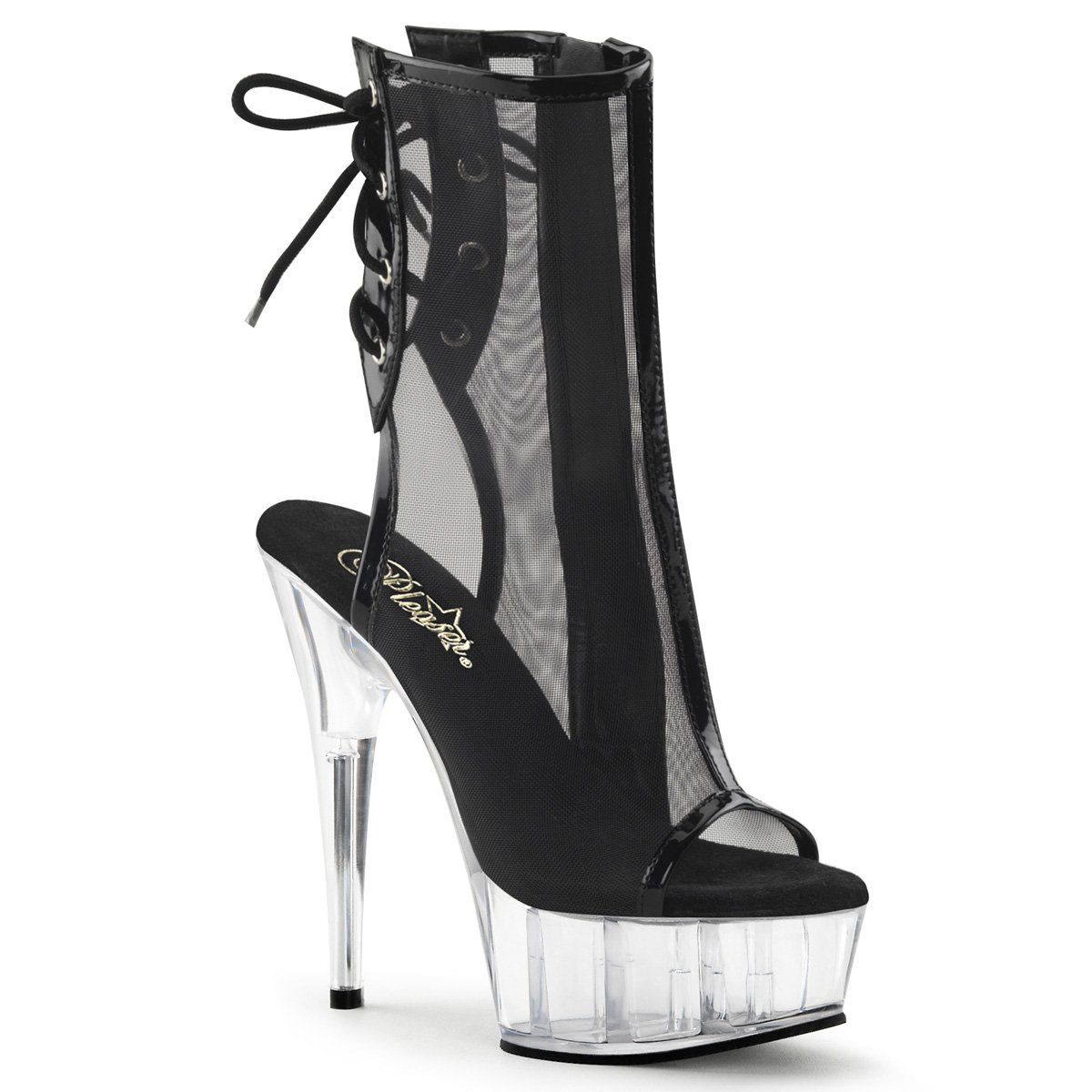 DELIGHT-1018MSH Black Patent-Mesh/Clear Ankle Boot Pleaser