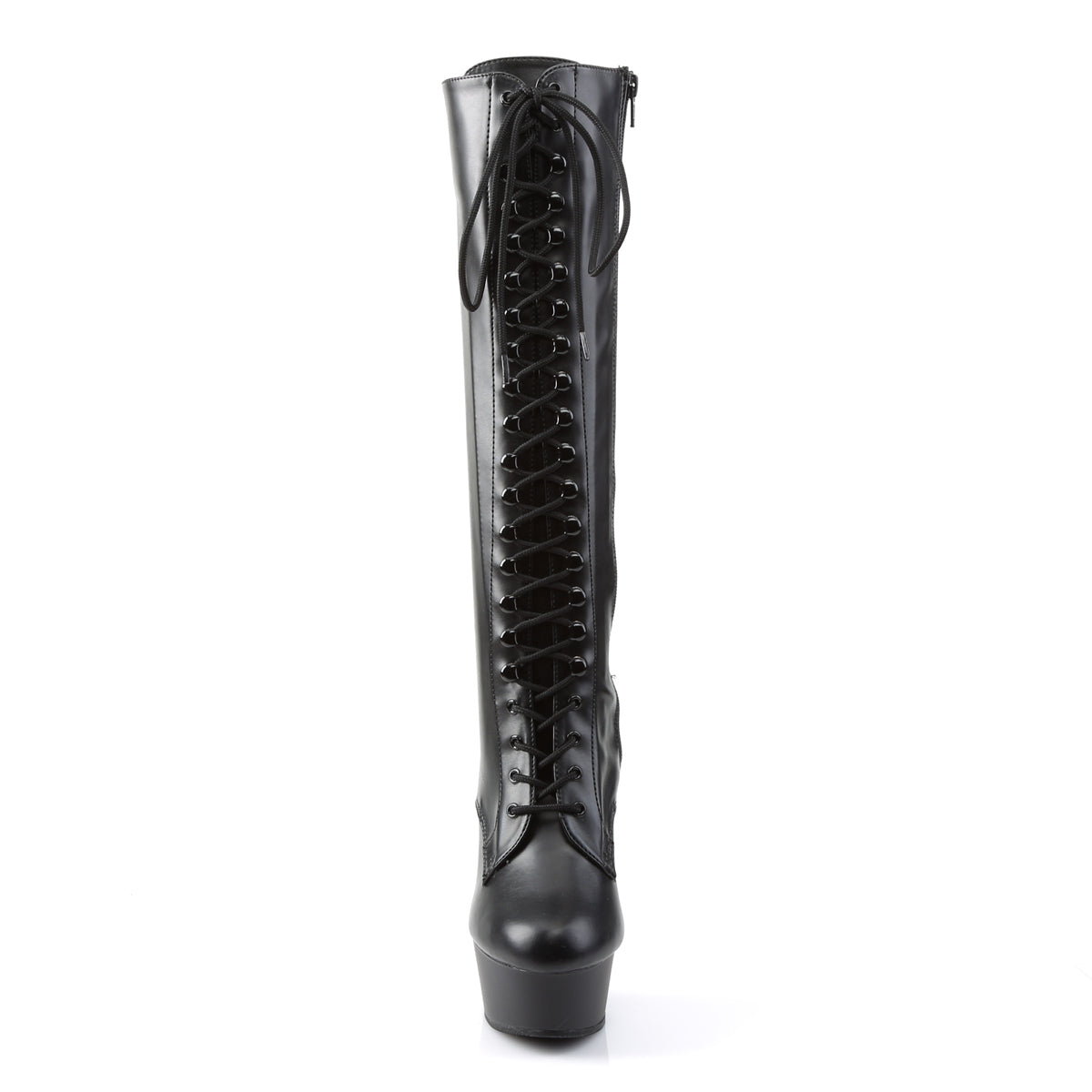 DELIGHT-2023 Black Stretch Faux Leather Knee Boot Pleaser