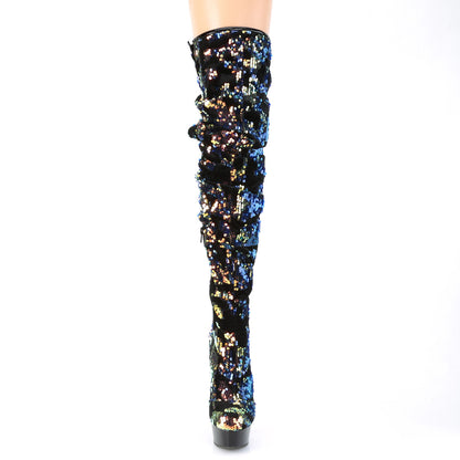 DELIGHT-3004 Blue Iridescent Sequins/Black Thigh Boot Pleaser