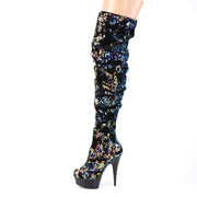 DELIGHT-3004 Blue Iridescent Sequins/Black Thigh Boot Pleaser US Size (Women's): 5