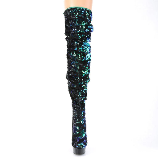 DELIGHT-3004 Green Iridescent Sequins/Black Thigh Boot Pleaser US Size (Women's): 5