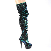 DELIGHT-3004 Green Iridescent Sequins/Black Thigh Boot Pleaser US Size (Women's): 5