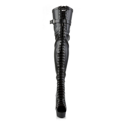 DELIGHT-3025 Black Stretch Faux Leather Thigh Boot Pleaser