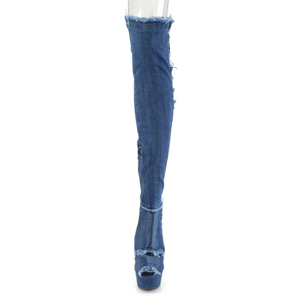 DELIGHT-3030 Denim Blue Stretch Fabric Thigh Boot Pleaser