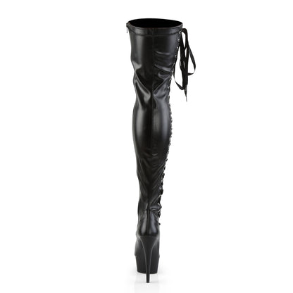 DELIGHT-3050 Black Stretch Faux Leather Thigh Boot Pleaser
