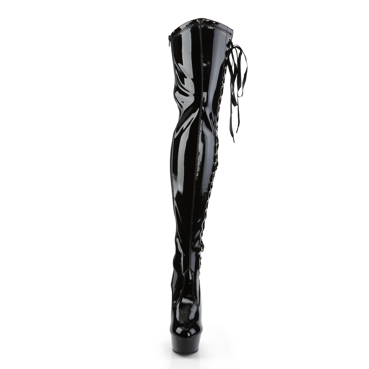 DELIGHT-3050 Black Stretch Patent Thigh Boot Pleaser
