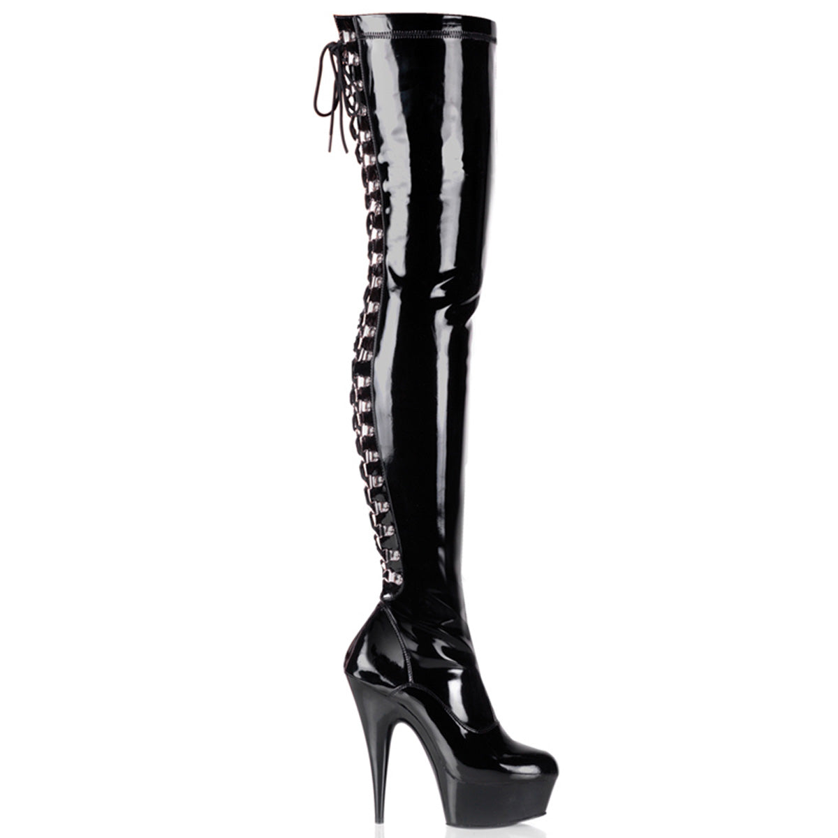 DELIGHT-3063 Black Stretch Patent Thigh Boot Pleaser