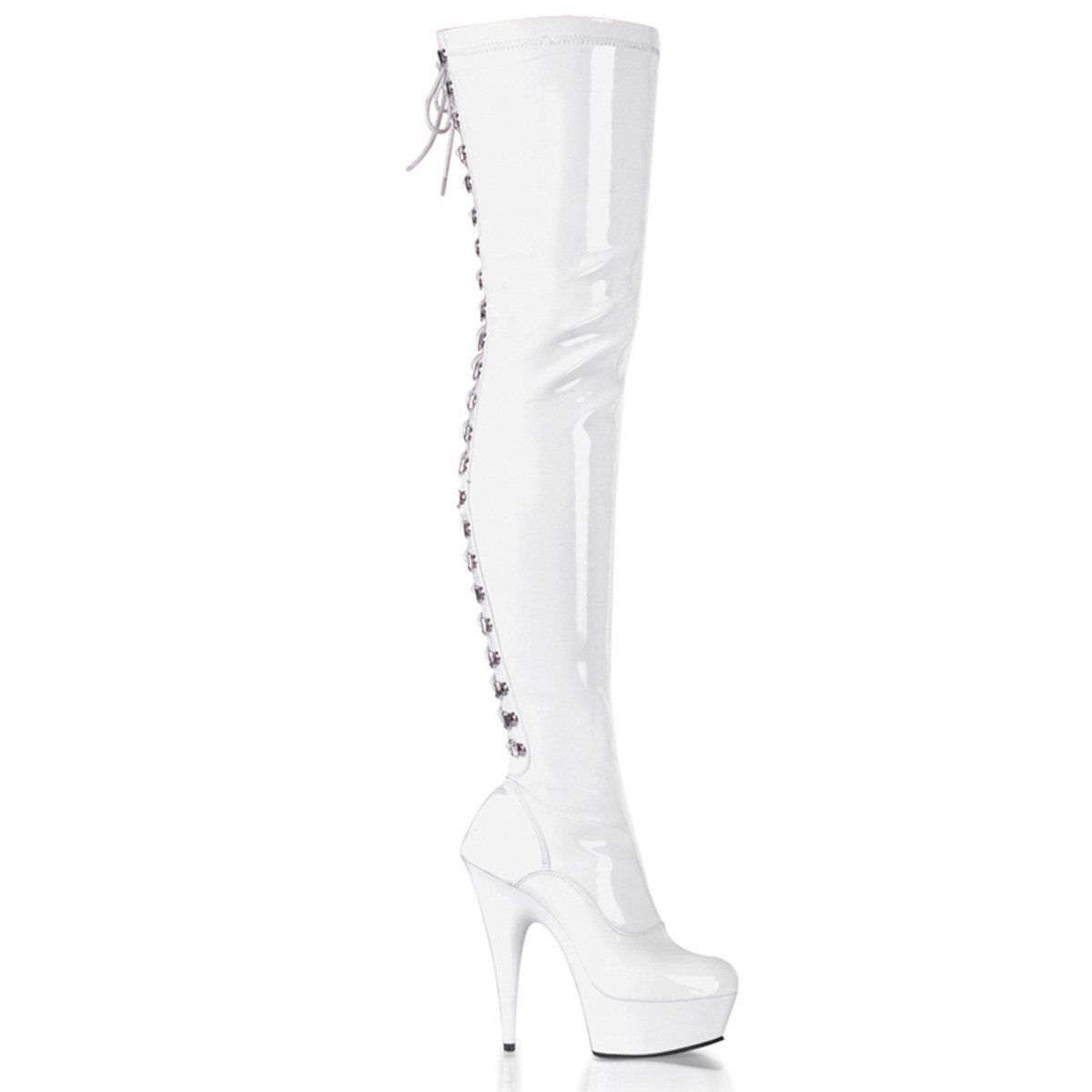 DELIGHT-3063 White Stretch Patent/White Thigh Boot Pleaser
