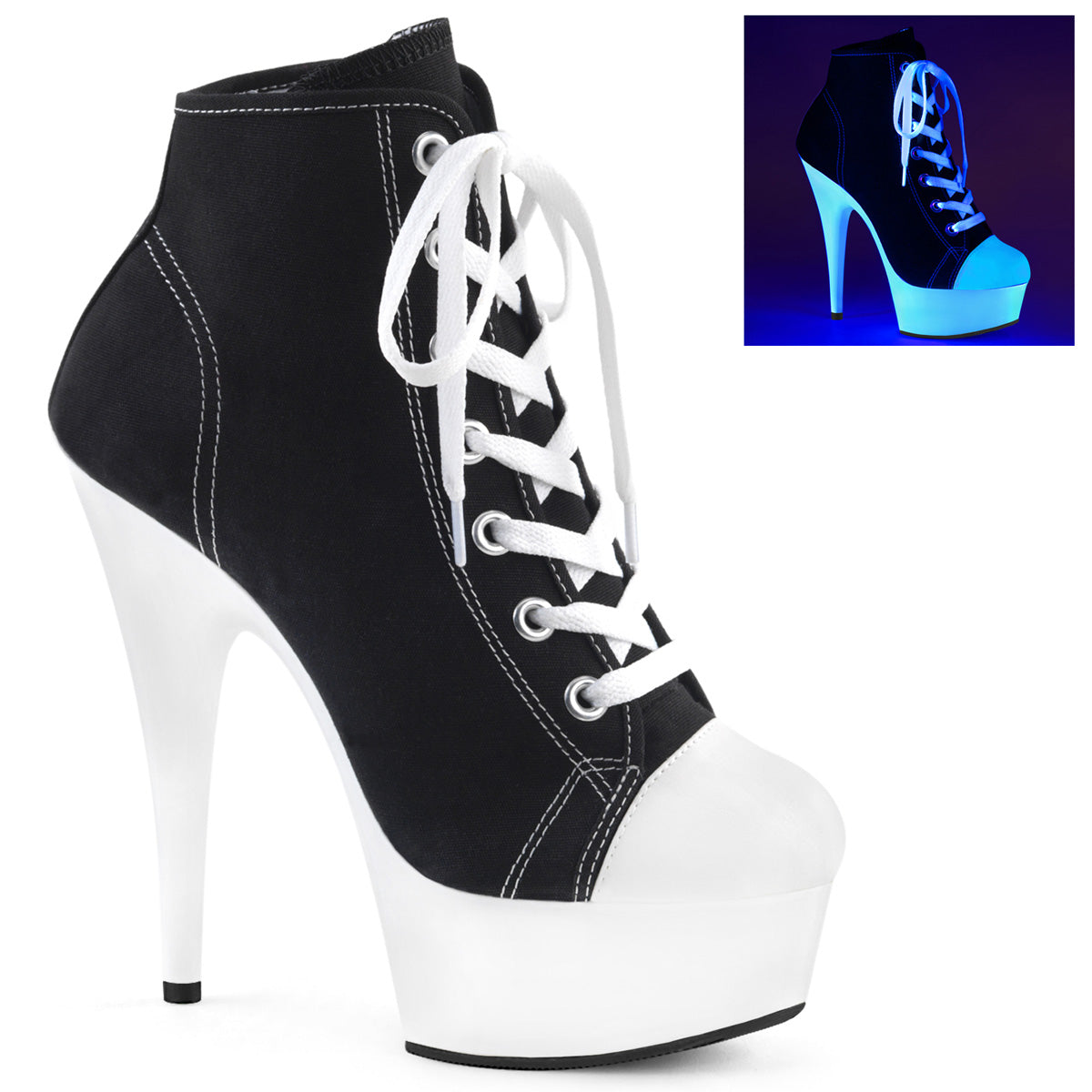 DELIGHT-600SK-02 Black Canvas/Neon White Sneaker Heels Pleaser