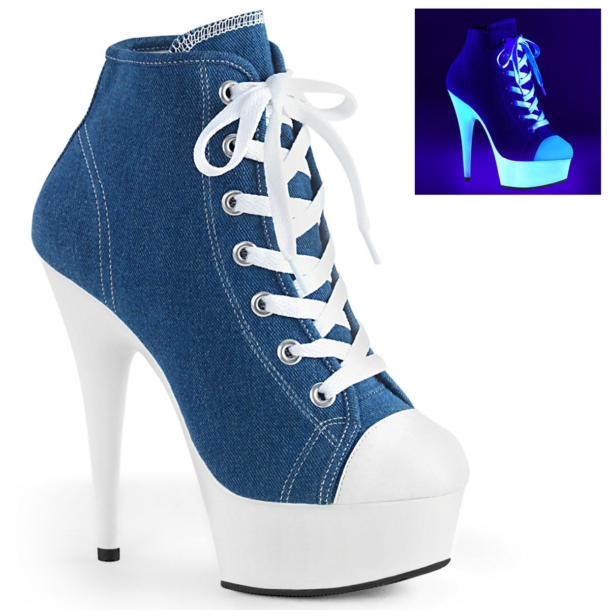 DELIGHT-600SK-02 Denim Blue Canvas/Neon White Sneaker Heels Pleaser