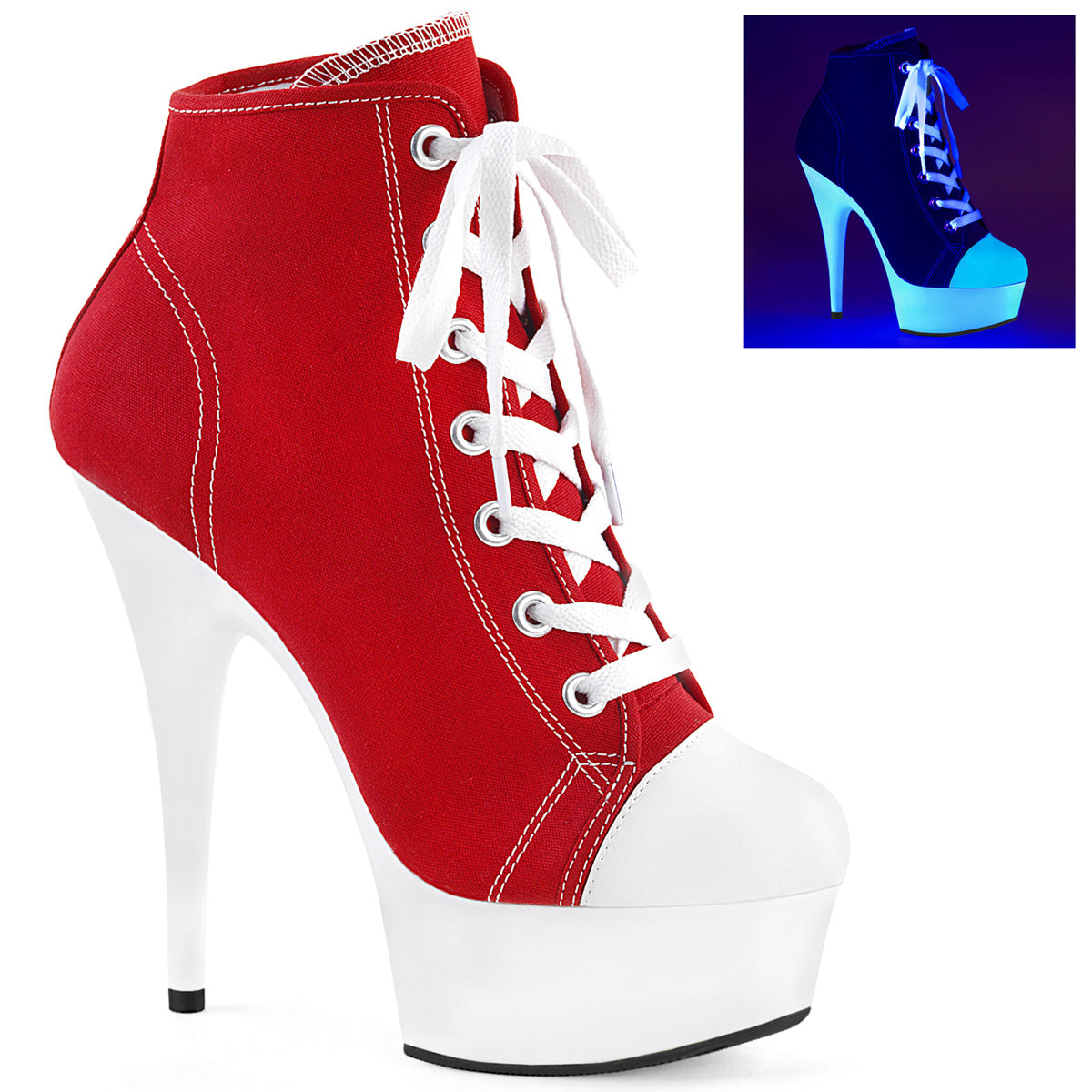 DELIGHT-600SK-02 Red Canvas/Neon White Sneaker Heels Pleaser