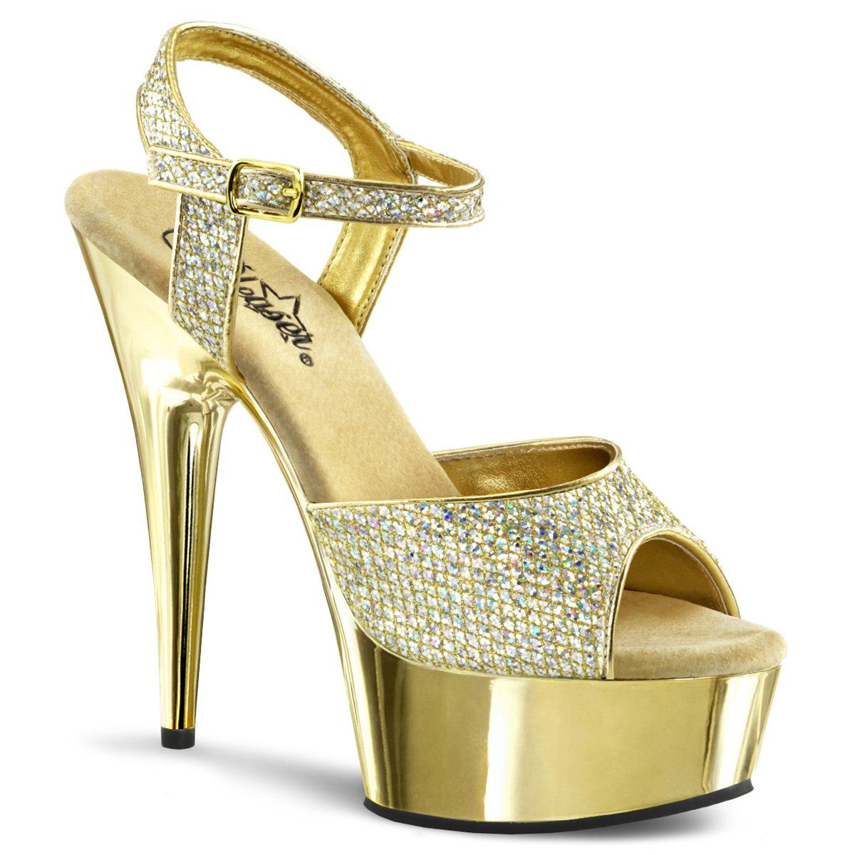 DELIGHT-609G Gold Multi Glitter/Gold Chrome Platform Sandal Pleaser