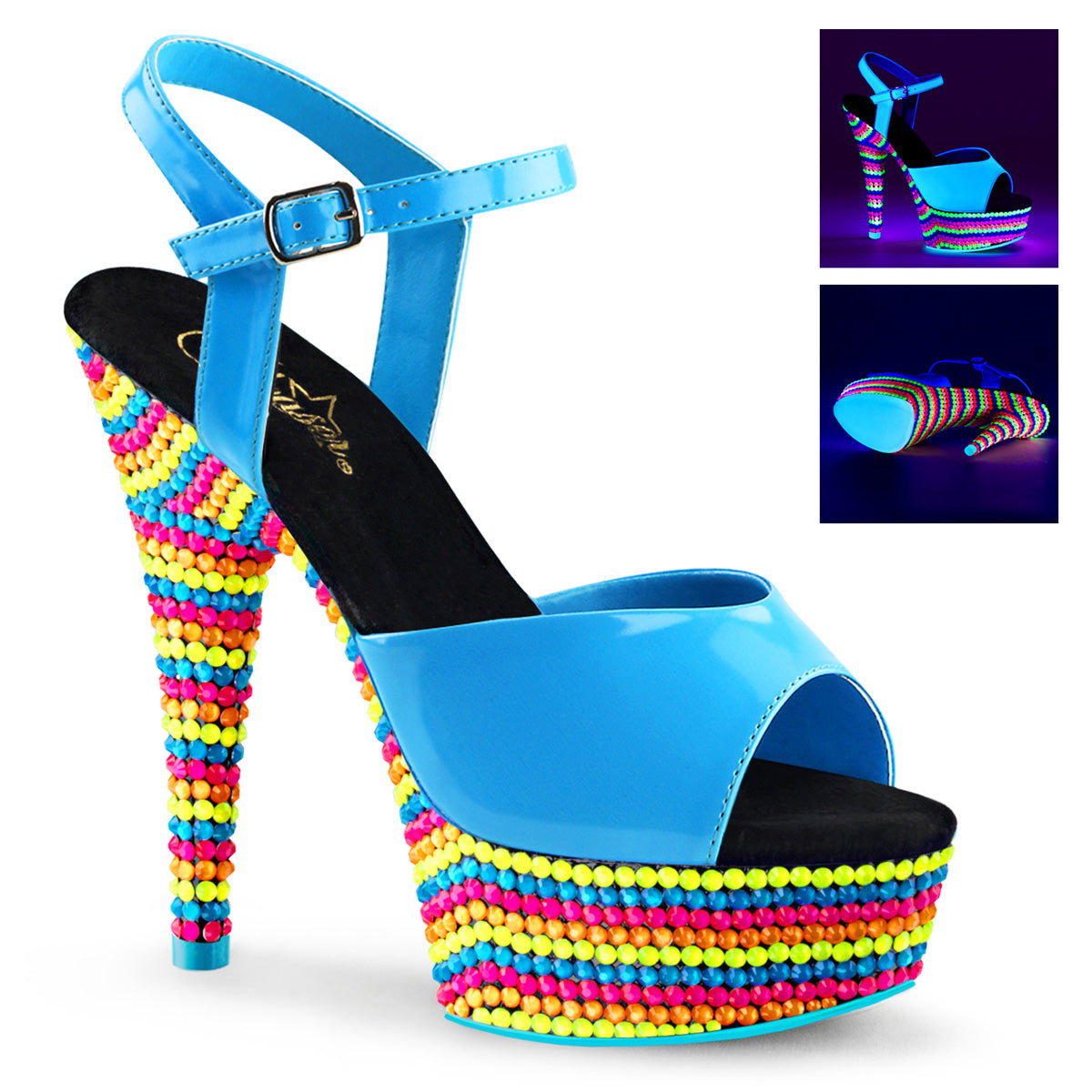 DELIGHT-609RBS Neon Blue Patent/Neon Multi Platform Sandal Pleaser