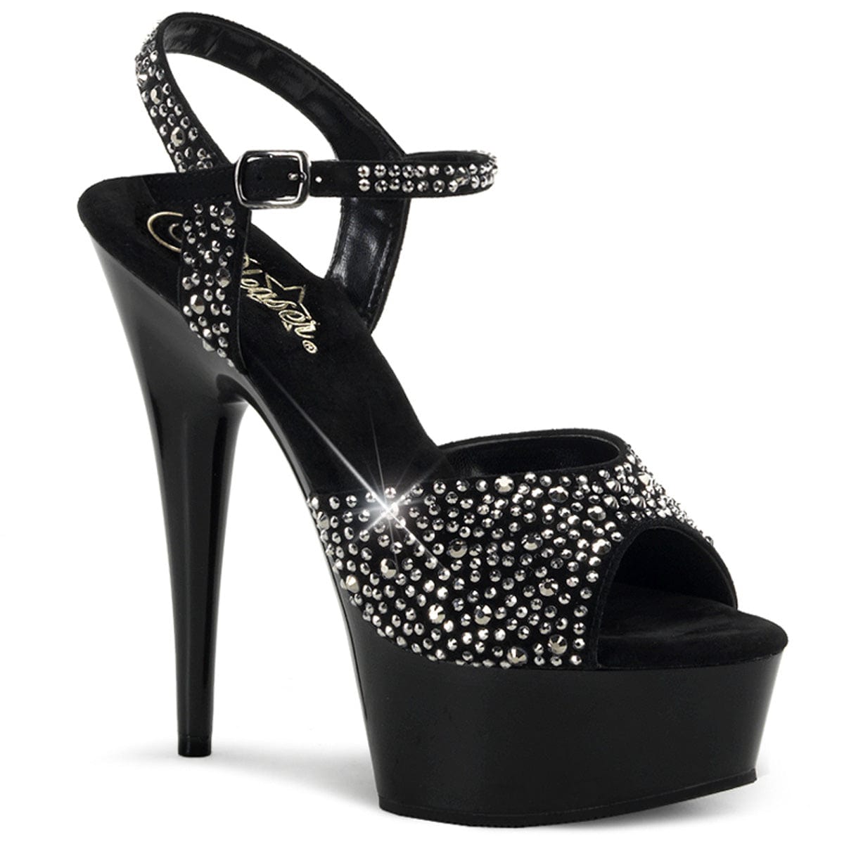 DELIGHT-609RS Black Suede-Pewter Rhinestone/ Black Platform Sandal Pleaser