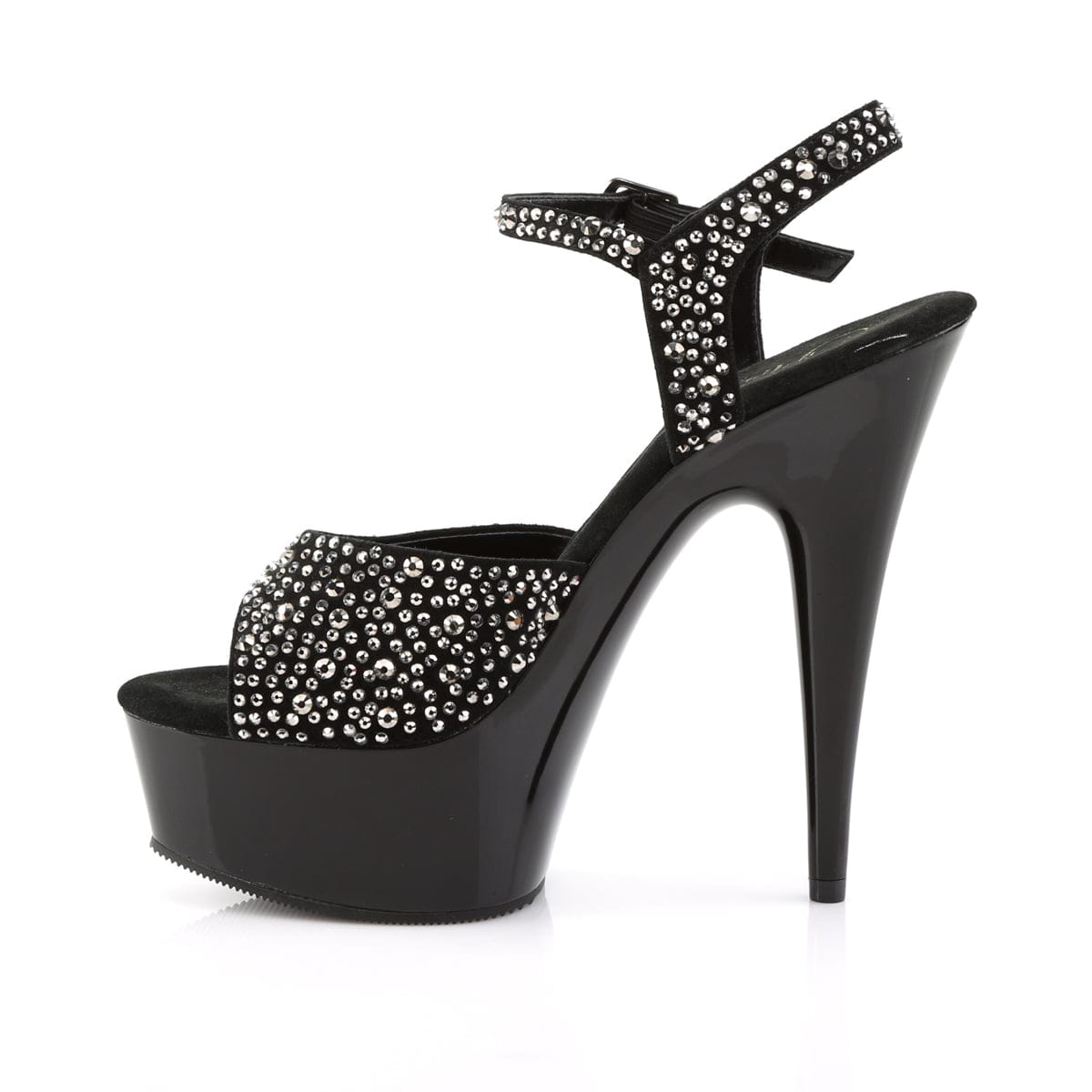 DELIGHT-609RS Black Suede-Pewter Rhinestone/ Black Platform Sandal Pleaser