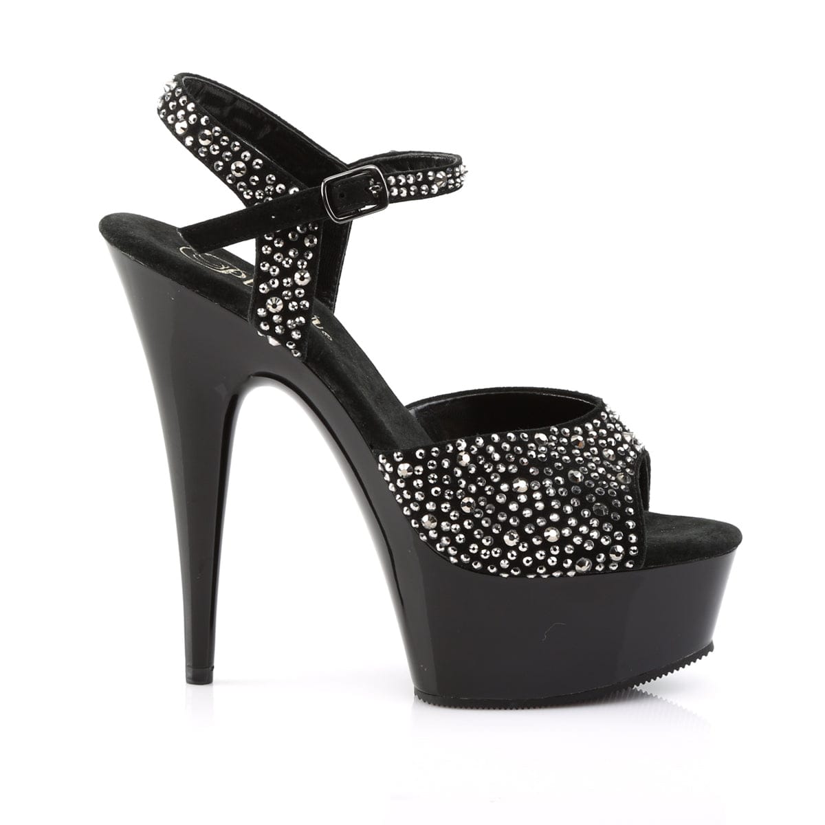 DELIGHT-609RS Black Suede-Pewter Rhinestone/ Black Platform Sandal Pleaser