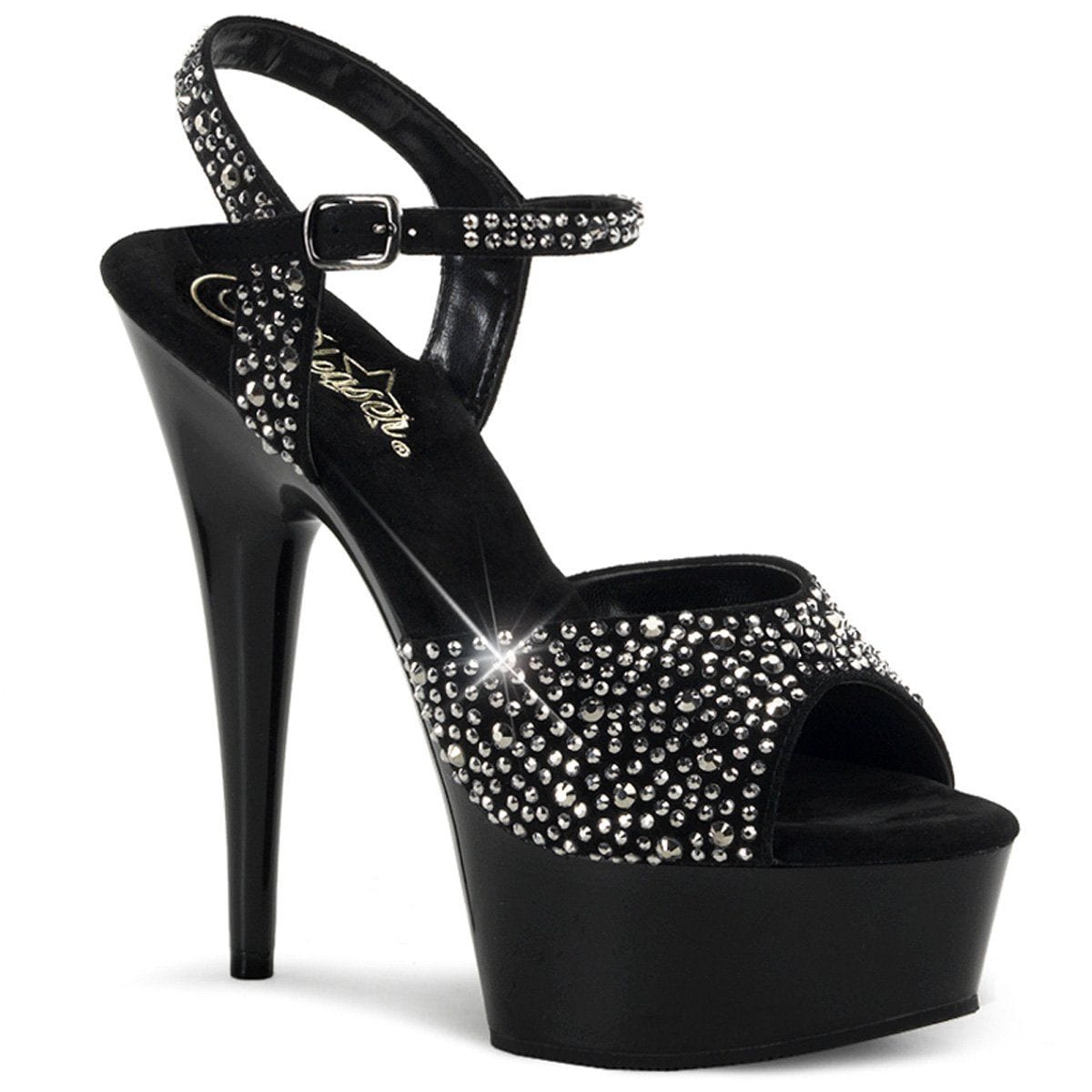 DELIGHT-609RS Black Suede-Pewter Rhinestone/ Black Platform Sandal Pleaser