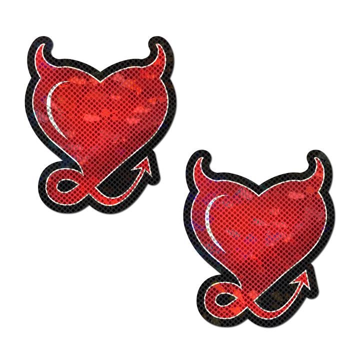 Devil Heart: Red Glittering Hearts with Horns & Tail Nipple Pasties Pastease