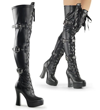ELECTRA-3028 Black Stretch Faux Leather Thigh Boot Pleaser