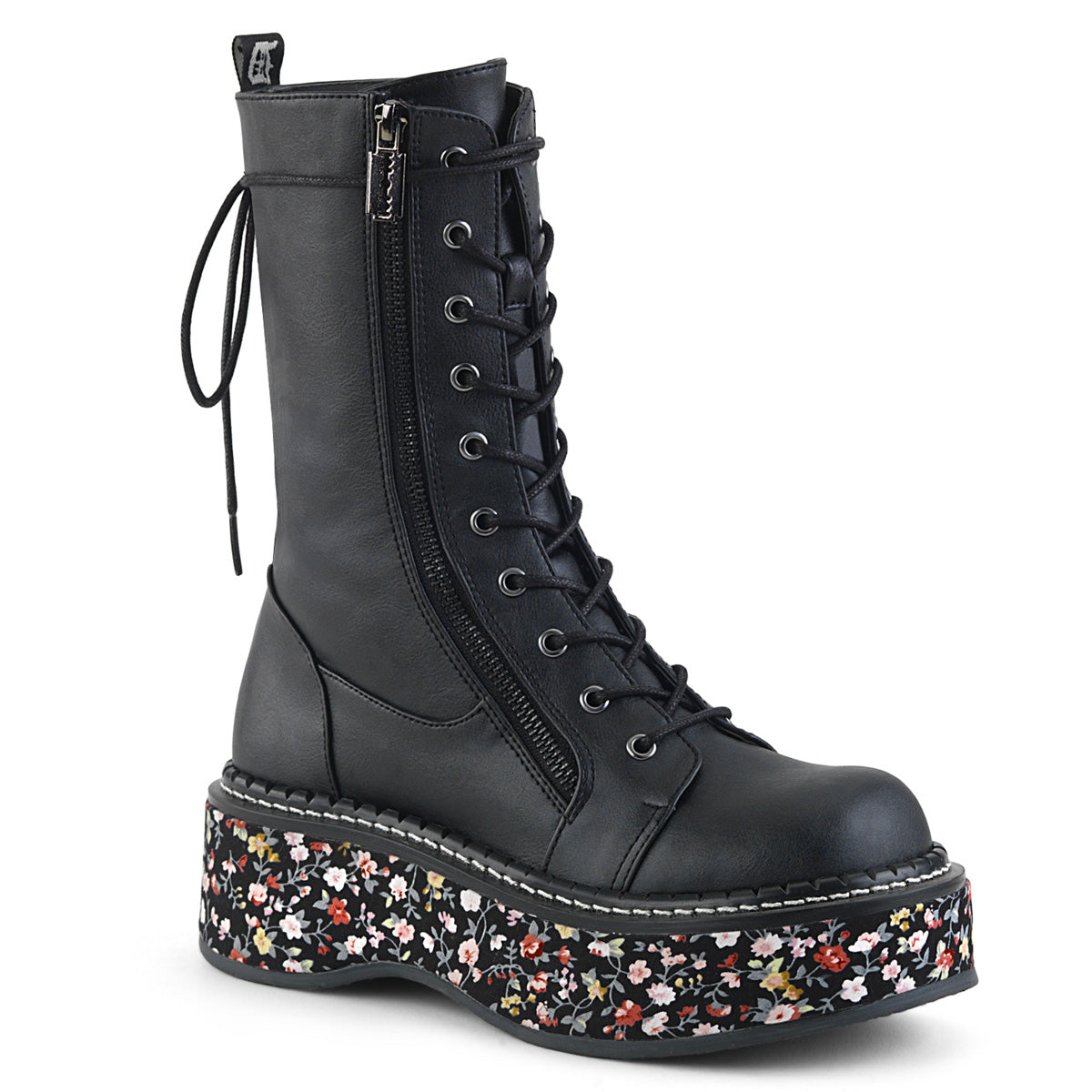 EMILY-350 Black Vegan Leather-Floral Fabric Lace-Up Boot Demonia