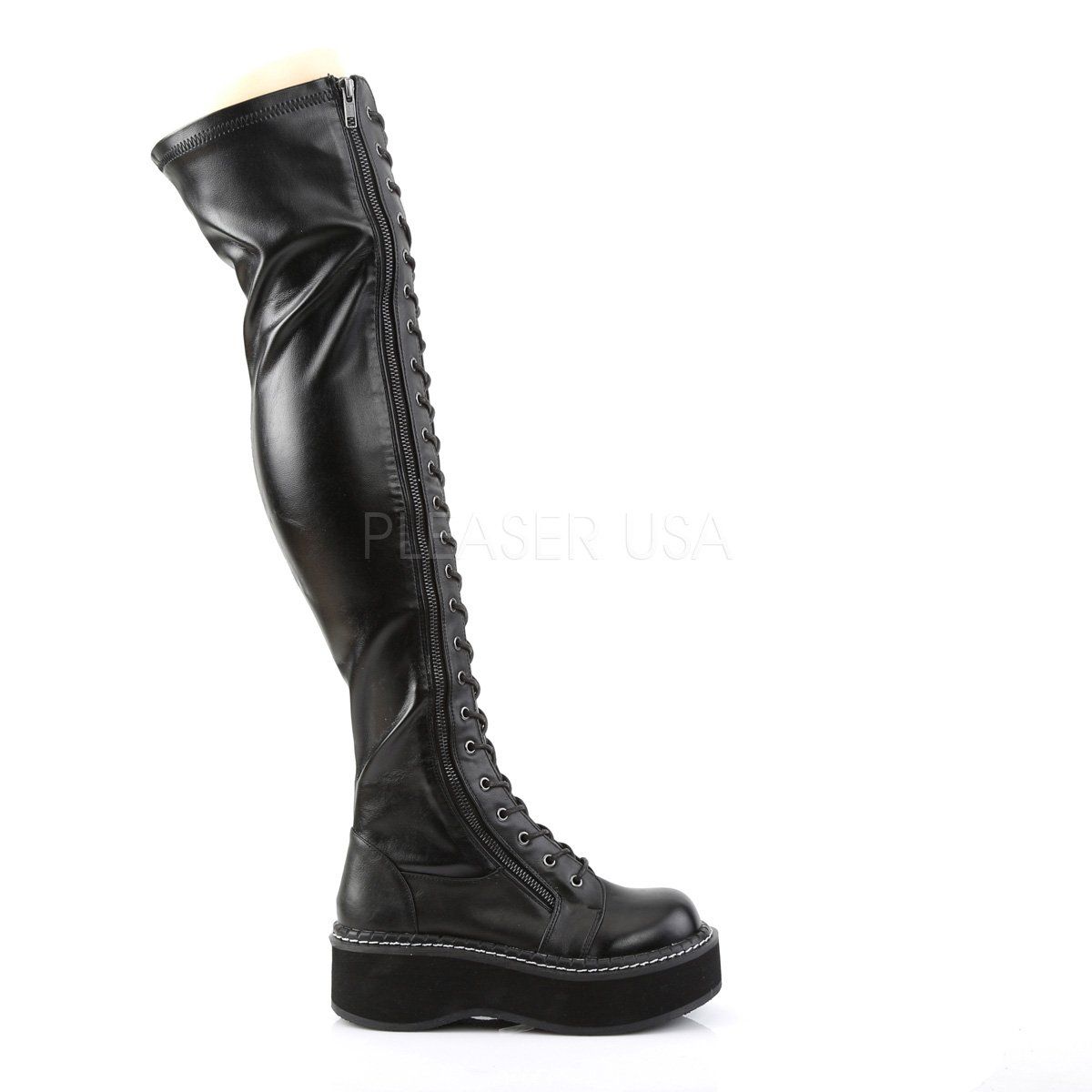 EMILY-375 Black Stretch Vegan Leather Thigh Boot Demonia