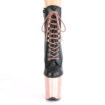 FLAMINGO-1020 Black Faux Leather/Rose Gold Chrome Ankle Boot Pleaser