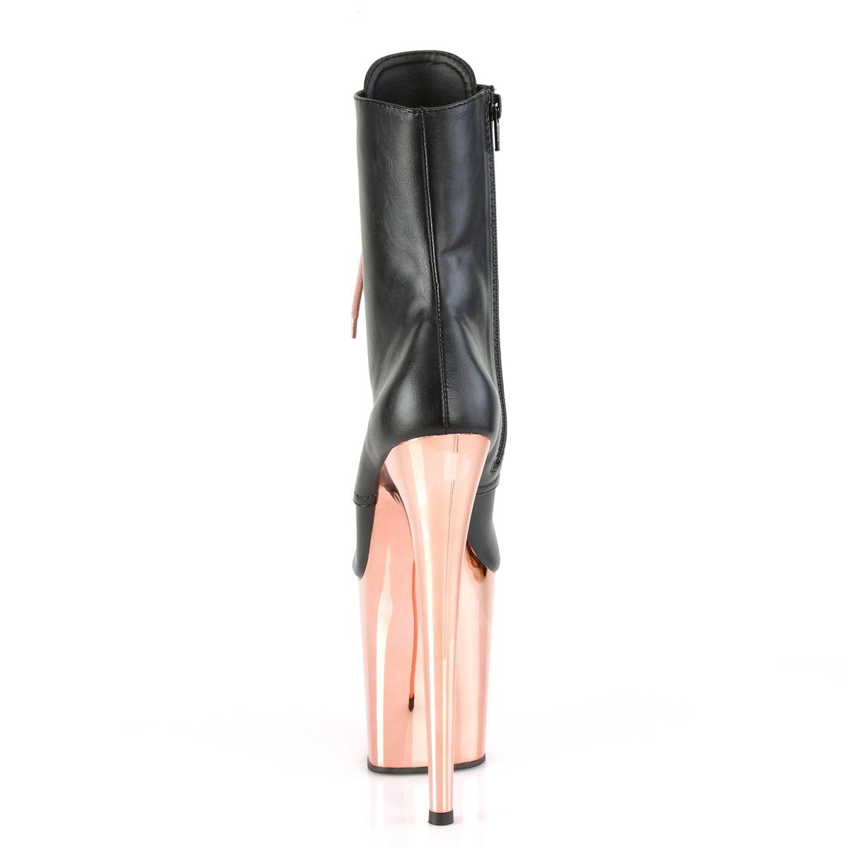 FLAMINGO-1020 Black Faux Leather/Rose Gold Chrome Ankle Boot Pleaser