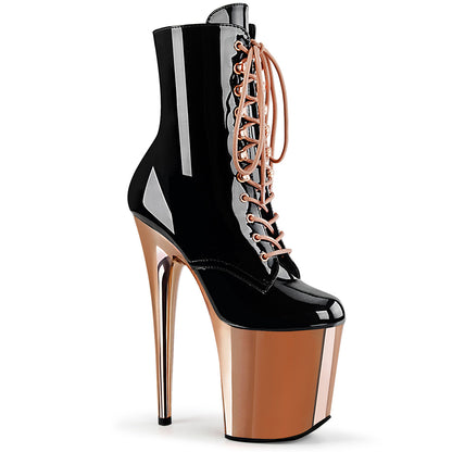 FLAMINGO-1020 Black Patent/Rose Gold Chrome Ankle Boot Pleaser