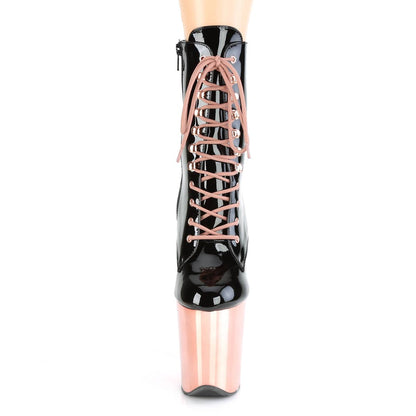 FLAMINGO-1020 Black Patent/Rose Gold Chrome Ankle Boot Pleaser