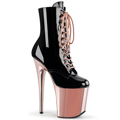FLAMINGO-1020 Black Patent/Rose Gold Chrome Ankle Boot Pleaser