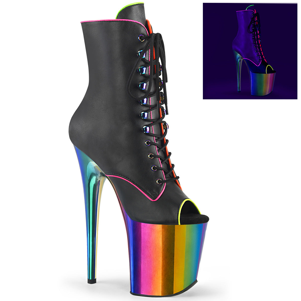 FLAMINGO-1021RC-02 Black Patent/Rainbow Chrome Ankle Boot Pleaser