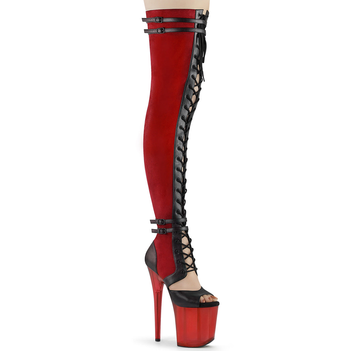 FLAMINGO-3027 Red Faux Suede-Black Faux Leather/Frosted Red Thigh Highs Pleaser